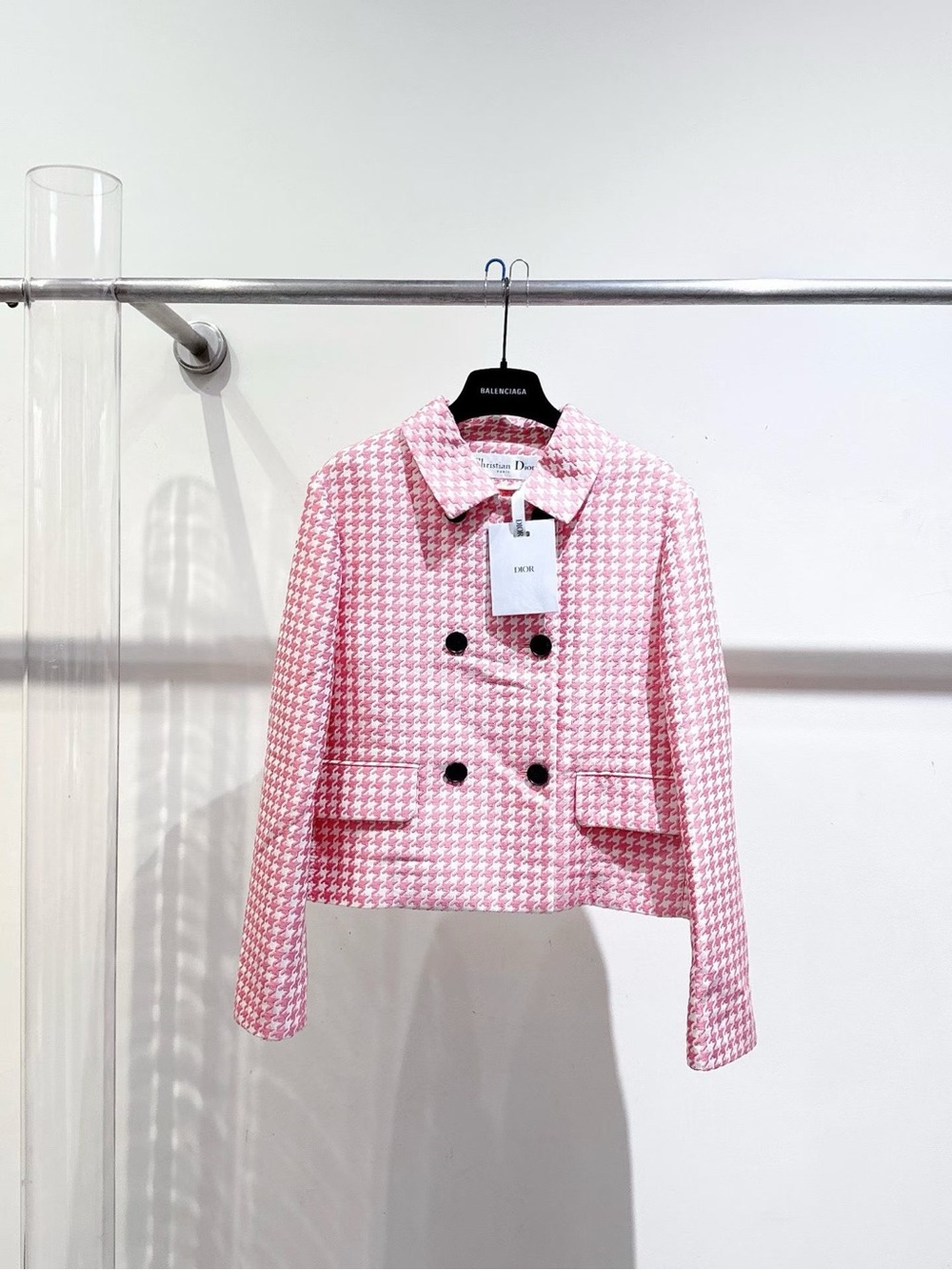 🚩steal Dior Pink Houndstooth Cropped Double-Breasted Jacket